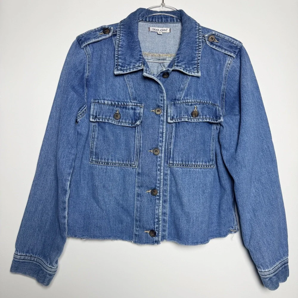 Dear John Lakeside Cropped Denim Jacket Raw Hem Utility Blue Medium